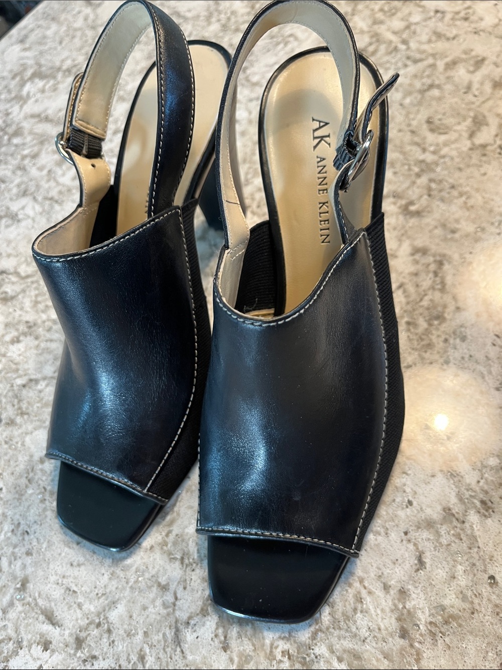 Anne Klein Black Leather Square Toe Slingback Block Heel Sandals Sz 7M